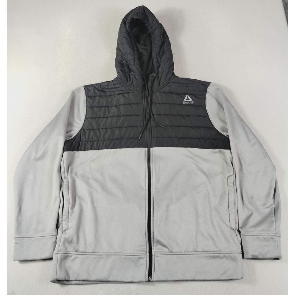 Reebok Jacket Mens Large Gray Black Hooded Full Zip Fleece Insulated Colorblock
